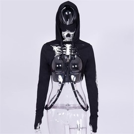 win2win Skeleton Hoodie Gothic Tops For Women Rave Top Punk Crop Top Sweatshirts Goth Mask Emo Black Festival Clothing Cosplay