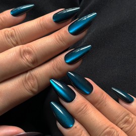 KQueenest Cat Eye Press on Nails Almond Medium, Glazed Glitter Blue Black False Nails Medium, Shiny Bling Acrylic Fake Nails Set Gothic Sparkly Stick on Nail for Women Holiday Finger Wear 30 Pcs
