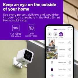 Roku Outdoor Camera for Home Security - IP65 Weather Resistant Wired Security Camera with 1080p HD Night Vision, Compatible with Alexa & Google, Motion & Sound Detection(Renewed)