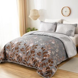 WONGS BEDDING Brown Floal Quilt Set Queen Size, 3 Pieces Bedspread Coverlet Set for All Season, Soft Microfiber Lightweight Floral Bedding Set Queen 96"x90"