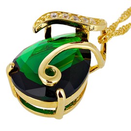 RIZILIA Pendant with 18" Chain & Pear Cut CZ [Simulated Green Emerald] in Yellow Gold Plated, Simple Modern Elegant