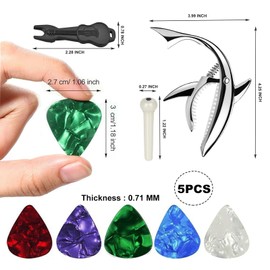 Shark Guitar Capo for Electric Acoustic Classical Guitar with 6 Pcs Acoustic Guitar Bridge Pins & Bridge Pin Puller Remover, Guitar Replacement Parts and Accessories Set(silver)