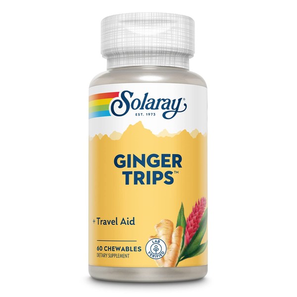 SOLARAY Ginger Trips Travel Aid | Root Extract | Healthy Digestive Support w/Honey, Stevia & Molasses | 60 Chewables