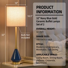 32" Blue Gold Buffet Table Lamps for Living Room Set of 2, Ceramic Buffet Lamps Set of 2 for Console Table, Tall Navy Blue Lamps Set 2, Contemporary Candlestick Lamps for Hallway, Credenza, Bedroom