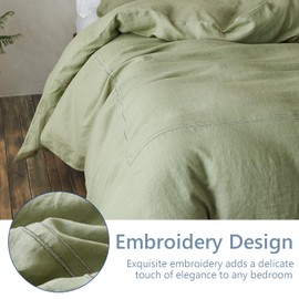 Simple&Opulence 100% Washed Linen Duvet Cover Set 68"x86" - 2 Pieces Soft Farmhouse Comforter Set Double Embroidered with Button Closure - 1 Duvet Cover and 1 Pillowsham (Sage Green, Twin)