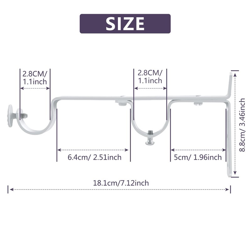 Double Curtain Rod Bracket, Heavy Duty Curtain Rod Holders, White
