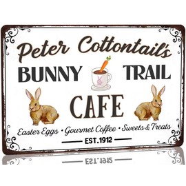 Peter Cottontail's Bunny Trail Cafe Metal Sign Vintage Rabbit Easter Day Coffee Shop Wall Decor for Home Kitchen Farmhouse Easter Party Wall Plaque 8x12 Inch