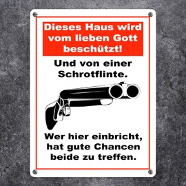 Metal Sign 15 x 20 cm This House Is Protected by God and a Shotgun Warning Sign for Thieves Front Door Shotgun Theft Repel Protection Shield Protection Against Burglary
