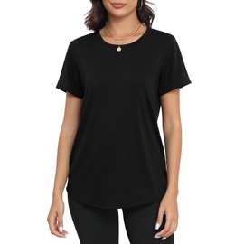 PRIMODA Womens Loose Fit Shirts Casual Short Sleeve Summer Flowy Tunic Tops Plain Long T Shirts (Black S)