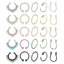 YOVORO 25Pcs Stainless Steel Fake Nose Ring Hoop for Men Women Faux Lip Ear Septum Ring Non-Pierced Body Jewelry ED