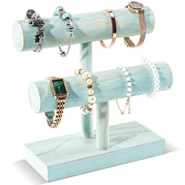ProCase 2 Tier T-shaped Wooden Bracelet Holder, Removable Bracelet Holder, Jewellery Holder, Bracelets Display, Vintage Bracelet Stand, Watch Stand, Storage for Bangles, Hair Clips, Watches, Blue
