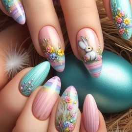 24Pcs Easter Cartoon Press on Nails Pink Green Medium Almond Fake Nails Vintage Flowers Press on Nails with Rainbow Rabbit Design Full Cover False Nails Glossy Acrylic Nails Glue on Nails for Women