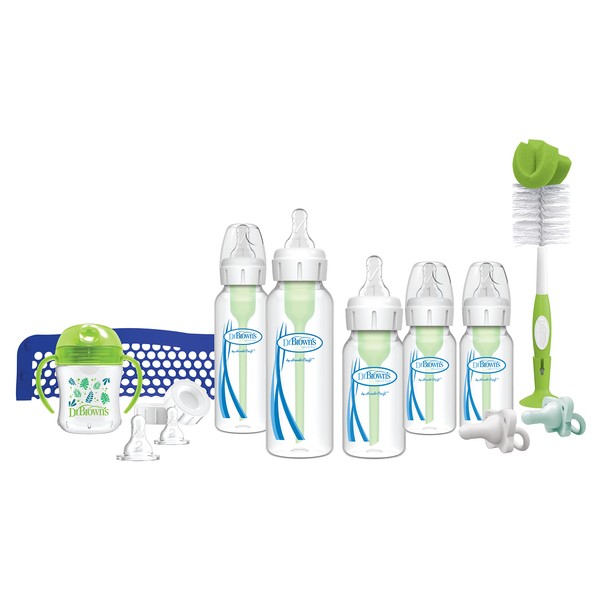 Dr. Brown's Natural Flow Anti-Colic Options+ First Year Feeding Set with Newborn Baby Bottles, Soft Spout Transition Cup, Bottle Cleaning Brush and 100% Silicone HappyPaci One-Piece Pacifiers