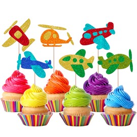 ZHUOWEISM 24 piezas de decoración de aviones para magdalenas, aviones con purpurina, para aviones, temática de aviones, baby shower, niños, fiesta de cumpleaños, decoración de pasteles