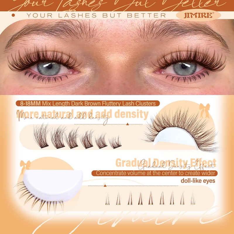 JIMIRE Brown Cluster Lashes Wispy Individual Eyelashes Natural Dark Brown