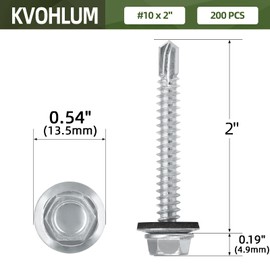 #10 x 2 (200 PCS) Metal Roofing Screws with Rubber Washer, Hex Head Metal to Wood Siding Screws, Zinc Plated Sheet Metal Roof Screw, Hex Bit Socket Included