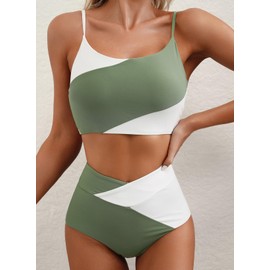 Herseas Women 2 Pieces High Waist Bikini Set Sporty Color Block Swimsuit 2025 Beach Outfits Scoop Neck Bathing Suit Green X-Large