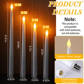 Tuanse 80 Pcs Flameless LED Taper Candles Battery Operated Candles Bulk 12.8/10.8/9.7/8.5'' Flameless Candlestick Flickering Fake for Christmas Church Wedding Party Battery Not Include(White)