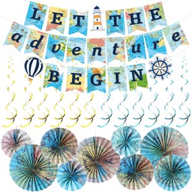 Outus 22 Pcs Travel Map Theme Party Decorations Paper Fans Let The Adventure Begin Banner Travel The World Hanging Swirls for Garland Ceilings Adventure Awaits Bulletin Board Classroom Decorations