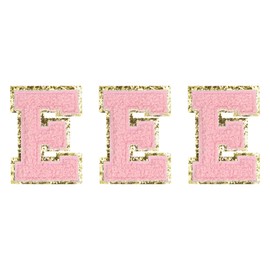 MECCANIXITY Chenille Letters E Patches Large Size 82mm/3.23 Inch Iron-on Letters E Patches Golden Glitter Embroidered Patches for Clothing, Shoes, Hats, Backpacks Pack of 3(Pink)