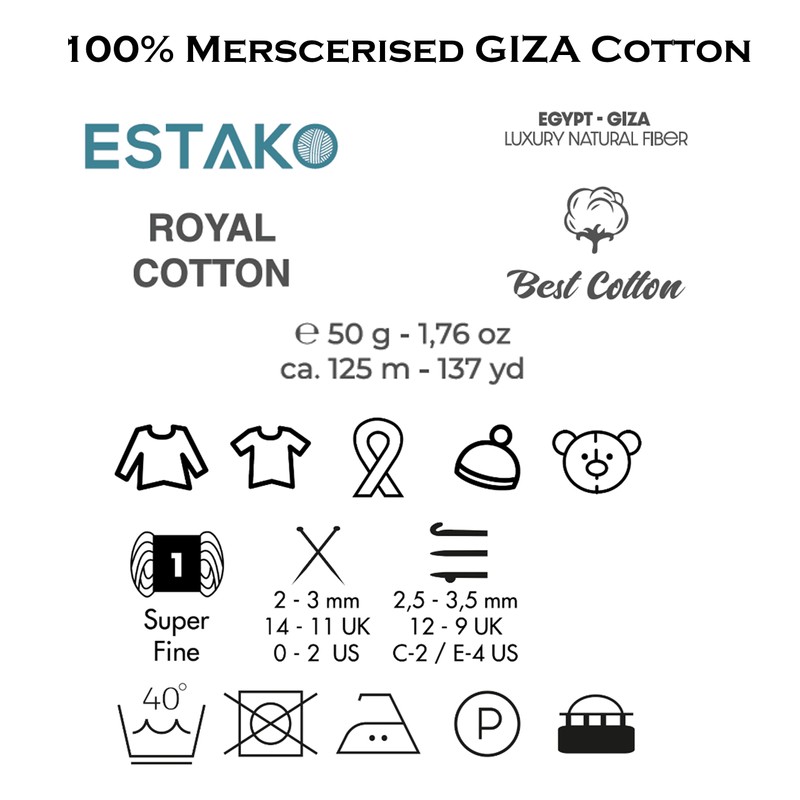 Estako Royal Cotton, 100% hilo de algodón mercerizado Giza, suave,
