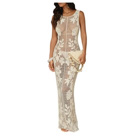 WDIRARA Women's Floral Crochet Sheer Cover Up Maxi Beach Dress Hollow Out Sleeveless Coverups Apricot Medium