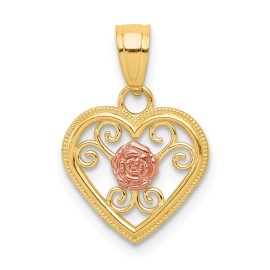 Unbranded Small Cutout Two-Tone 10K Yellow & Rose Gold Heart w/ Rose Flower Charm