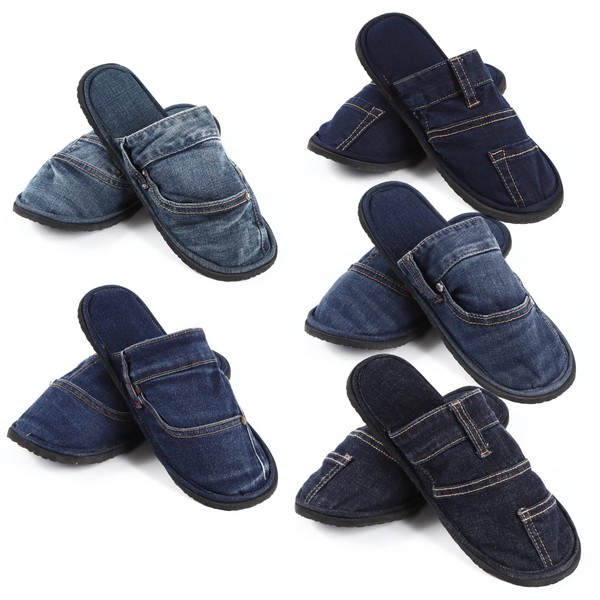 Denim Remake Slippers, Unisex, One Size Fits Most, Indoor Wear, Room Shoes, Anti-Slip, Set of 5 pairs