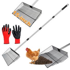 ChamThingzeal Large Chicken Poop Scooper,15 Inch Coop Scoop,Chicken Coop Rake with Stainless Steel Handle,4 in 1 Multifunctional Heavy Chicken Coop Accessories (Adjustable Long 25 inch to 71 inch)