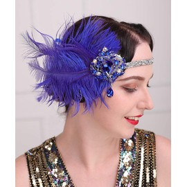 Anglacesmade 1920s Flapper Feather Headband Royal Blue Sapphire Great Gatsby Headpiece with Sparkling Crystal Head Chain Masquerade Hair Accessories for Women and Girls