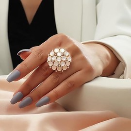 Resweky Statement Big Pearl Finger Ring Gold Crystal Rings Faux Pearls Ball Flower Adjustable Open Band Wrap Rings Jewellery for Women Girls