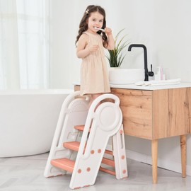 Harwaya Pink 3 Step Stool for Toddlers Girls, Foldable 2 Step Stool for Kids Bathroom Sink Toilet Potty, Collapsible Heavy Duty Child Learning Kitchen Tower with Rails for Counter Bed Bedroom