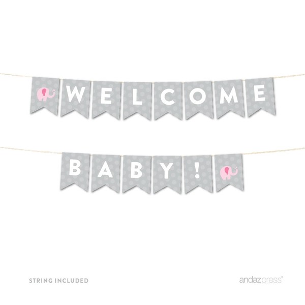 Andaz Press Girl Elephant Baby Shower Collection, Hanging Pennant Party Banner with String, Welcome Baby!, 5-Feet, 1-Set, Decor Paper Decorations