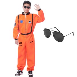 Ficlwigkis Astronaut Costume, Space Costume, Astronaut Men's Fancy Dress Costumes Women Men with Glasses, for Carnival Halloween (Orange, L)