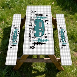 Bcsewcg Buffalo Plaid Fitted Picnic Table Cover with Bench Covers, Waterproof Elastic Edges Rectangle Patio Tablecloth, Outdoor Camping Essentials Summer Travel Supplies Party Camper Gifts, 72inch