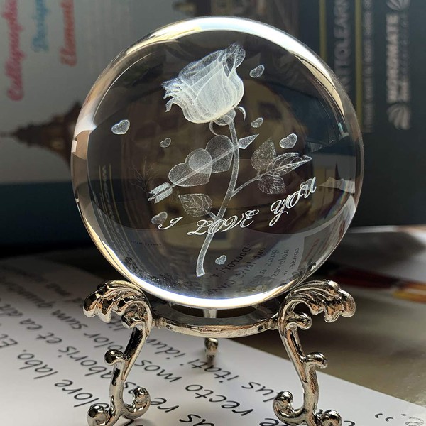 HDCRYSTALGIFTS 3D Carving Rose Crystal Ball Glass Sphere Display Paperweight
