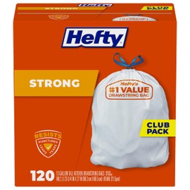 Hefty Strong White 13 Gallon Trash Bags with Drawstrings, Unscented Tall Kitchen Trash Bags, Resists Leaks, Punctures, and Tears, Durable Closure, 120 Ct.