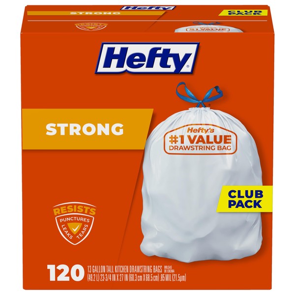 Hefty Strong White 13 Gallon Trash Bags with Drawstrings, Unscented