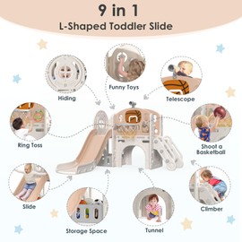 BIERUM 9 in 1 Toddler Slide, Baby Slide for Toddlers Age 1-3 with Ring Toss, Basketball Hoop and Telescope, Indoor Outdoor Playset Playground Beige Coffee