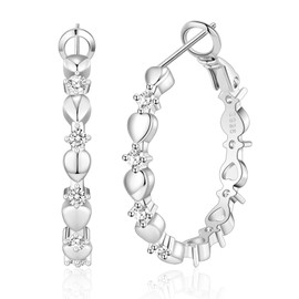 BMMYE Sterling Silver Hoop Earrings,Cubic Zirconia Silver Hoop Earrings for Women Hypoallergenic Heart Earring 40MM