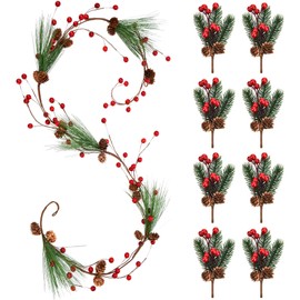 Christmas Red Berry Garland 5.9 ft Artificial Red Berries Pine Cones Evergreen Pine Needle Decoration Garland and 8 Pieces Red Berry Stems Pine Branches Evergreen Berries for Home Kitchen Bar Use