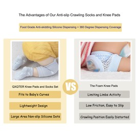 QXQTER Toddler Baby Knee Pads and Socks for Crawling for Baby Boys Girls with Grips Anti-Slip Knee Protector - 6 Pair