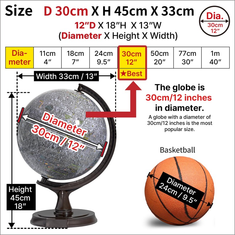 Mapsoft Prime Gray Moon Globe, 12" Lunar Globe and Atlas,