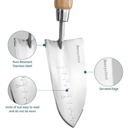 Berry&Bird Garden Serrated Planting Trowel, Multifunctional Shovel with ash Wood and Stainless Steel Digging Trowel Transplanter