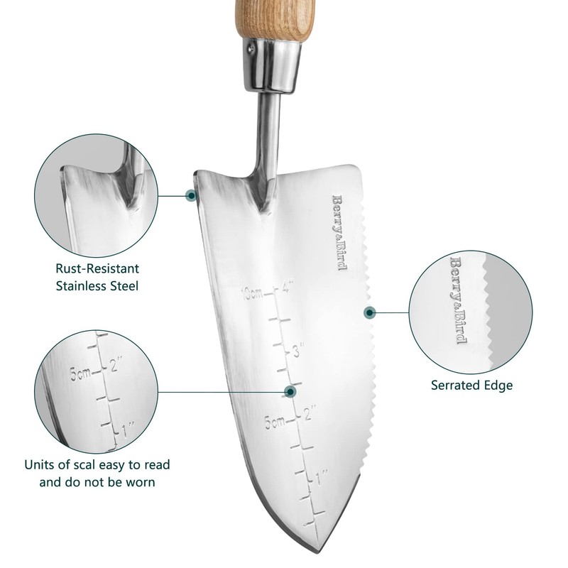 Berry&Bird Garden Serrated Planting Trowel, Multifunctional Shovel with ash Wood