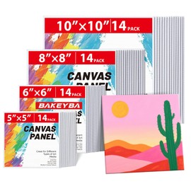 BAKEYBA Small Canvas Boards for Painting 56Pcs of 5x5, 6x6, 8x8, 10x10 inch Flat Square Canvas Panels for Kids, 100% Cotton White Acrylic Watercolor Paint