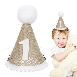Auswalar 1PCS 1st Birthday Hat,First Birthday Hat Khaki Handmade Linen Cone One Birthday Hat,for Girls Boys Photo Prop 1st birthday Party Decoration Party Hats