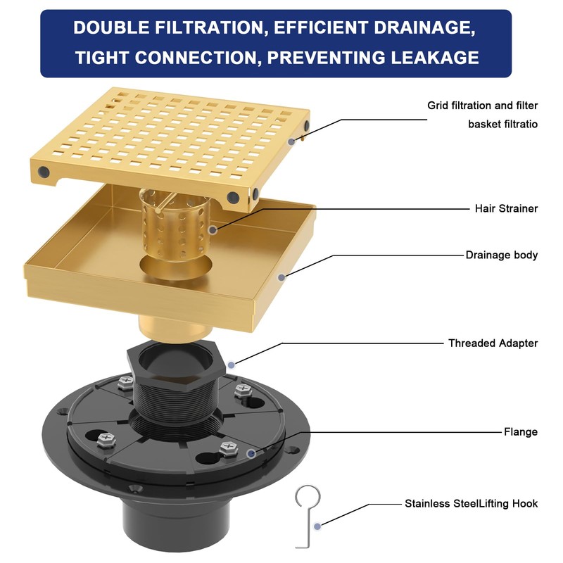 6 Inch Square Shower Drain | Brushed Gold Shower Drain