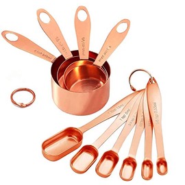 10-Piece Copper Measuring Cups and Spoons Set Stainless Steel Heavy Duty Rose Gold Engraved Stackable Nesting Kitchen Teaspoon/Tablespoon Set for Dry & Liquid Ingredients Coffee Cooking & Baking