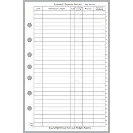 Classic Size Payment/Expense Record and Check Register, Sized and Punched with 7 Holes for 7-Ring Notebooks Such as Franklin, etc. (5.5" x 8.5")
